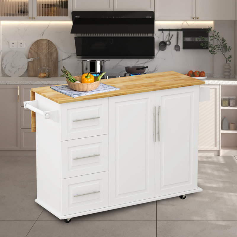 Chariot de cuisine pour îlot de cuisine extensible avec comptoir rabattable, 3 tiroirs, armoire de rangement et roulettes verrouillables