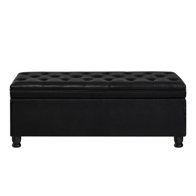 Upholstered Tufted Button Storage Bench ,Faux Leather Entry Bench With Spindle Wooden Legs, Bed Bench- Black
