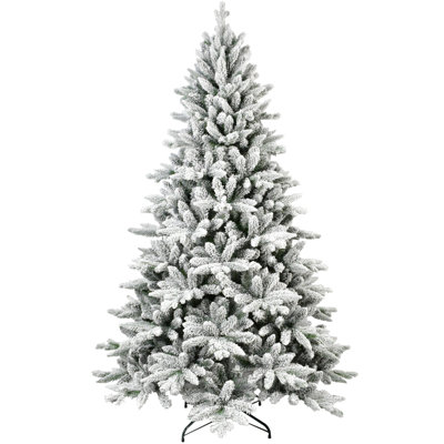 Flocked Christmas Tree with 1514 Tips, Realistic PE+PVC Snowy Hinged Tree with Metal Stand, Full Artificial Xmas Tree for Holiday Decoration