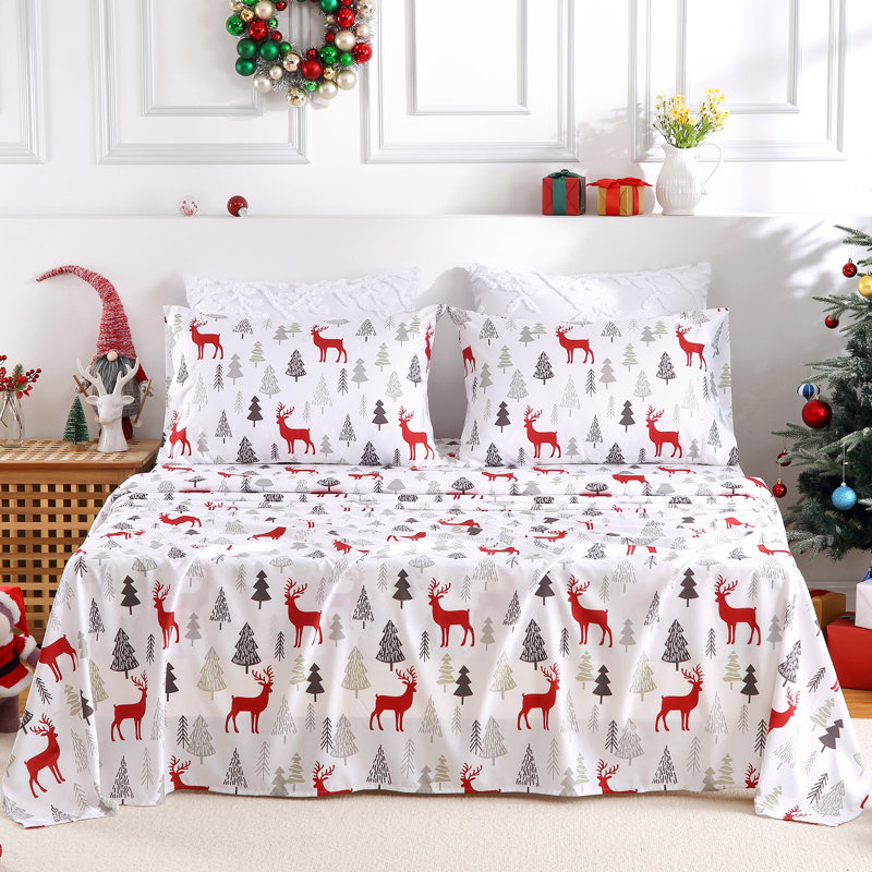 Draps de Noël pour lit King – Ensemble de draps en microfibre doux brossé, drap-housse à poches profondes de 40 cm (16 pouces), ensemble de draps pour les fêtes d'hiver (motif de Noël, King)