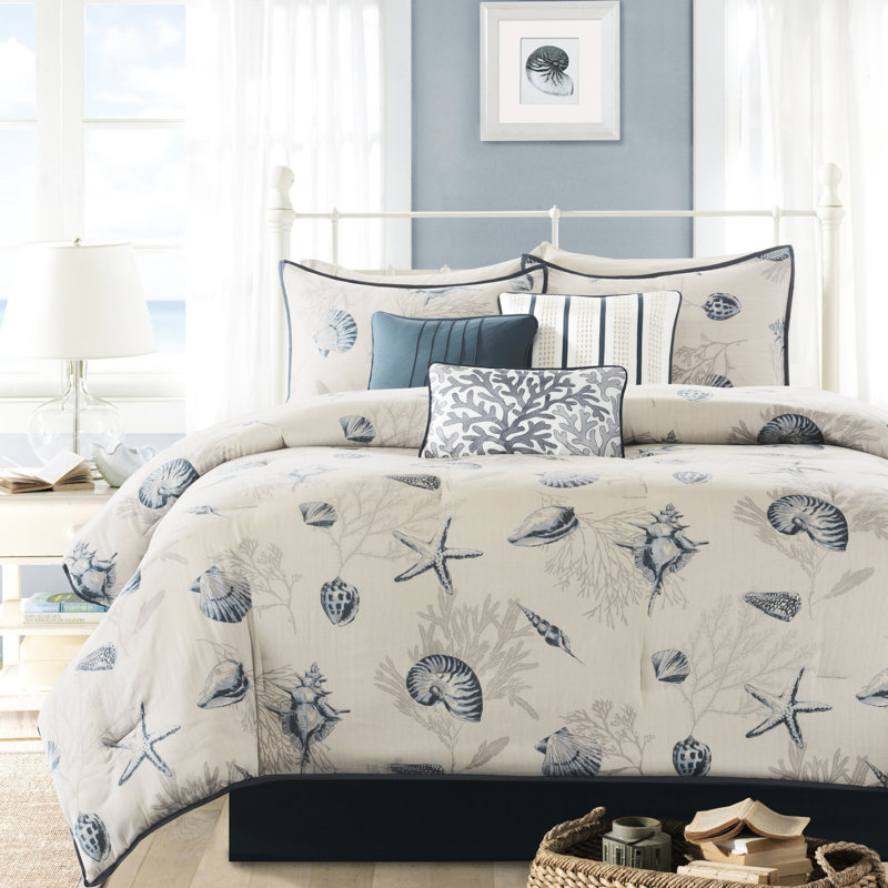 Édredon bleu grand format 100% coton avec motif et revers 200tc foncé, Grand édredon et 6 pièces supplémentaires