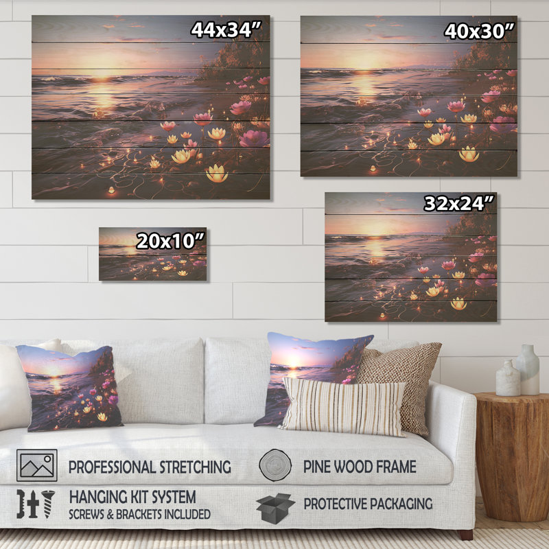 «Sunset Floral Beach Flourish III» - Reproduction de plage sur bois, H 24 po x l 32 po x P 0,78 po