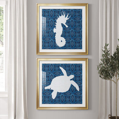 Sea Patterned Seahorse - Matted and Framed Under Acrylic Glass, Set of 2, Coastal Wall Art for Living Room