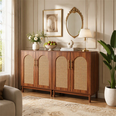 Sideboard Buffet Set of 2, Accent Rattan Storage Cabinet with Doors