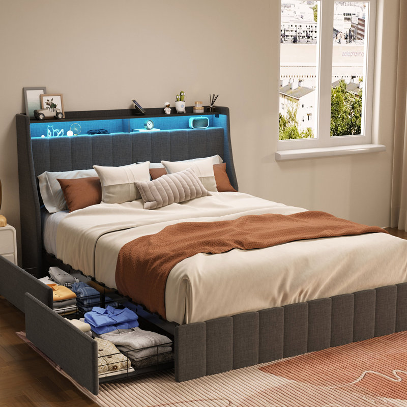 Led Lighted Queen Bed With 4 Under Storage Areas Size Frame, Led, Storage, Grey Bedroom