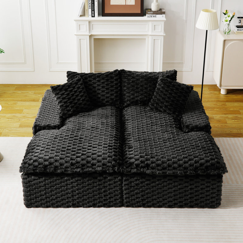 Chaise longue double en velours tortue noire, canapé paresseux multifonctionnel avec éponge entièrement compressée, pouvant être agencée côte à côte ou face à face