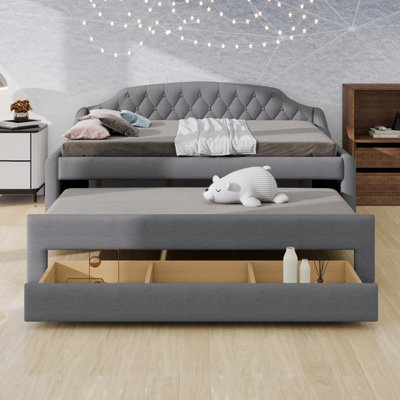 Space Efficient Upholstered  Daybed,with LED Belt Trundle and Three Storage Drawers