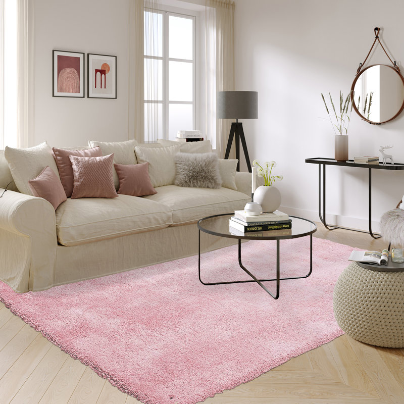 Cozy Handmade High Pile Pink Rug, Rectangle 85 x 155cm