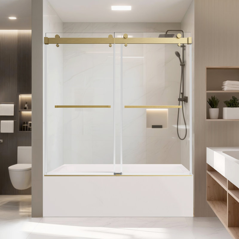 60"W x 60"H Sliding Shower Door, 3/8”(10mm) Tempered Glass, Stainless Steel Track, Smooth Glide with Buffer, Adjustable 4” Range, Left/Right Installation