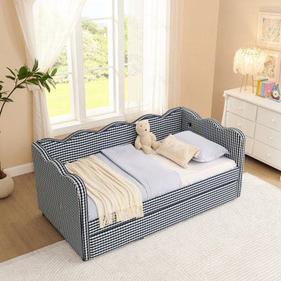 Twin Daybed With Trundle, Navy Linen Upholstery, Style, Wave Shaped, Port For Electronic Charging, Multifunctional Home Use, Rounded Corners , Quick Assembly Cozy Look, Shape, Charging Interface,