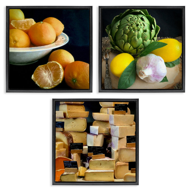  Ensemble de 3 toiles flottantes encadrées avec légumes et fromages par Graffi * Tee, Cadre flottant noir de jais