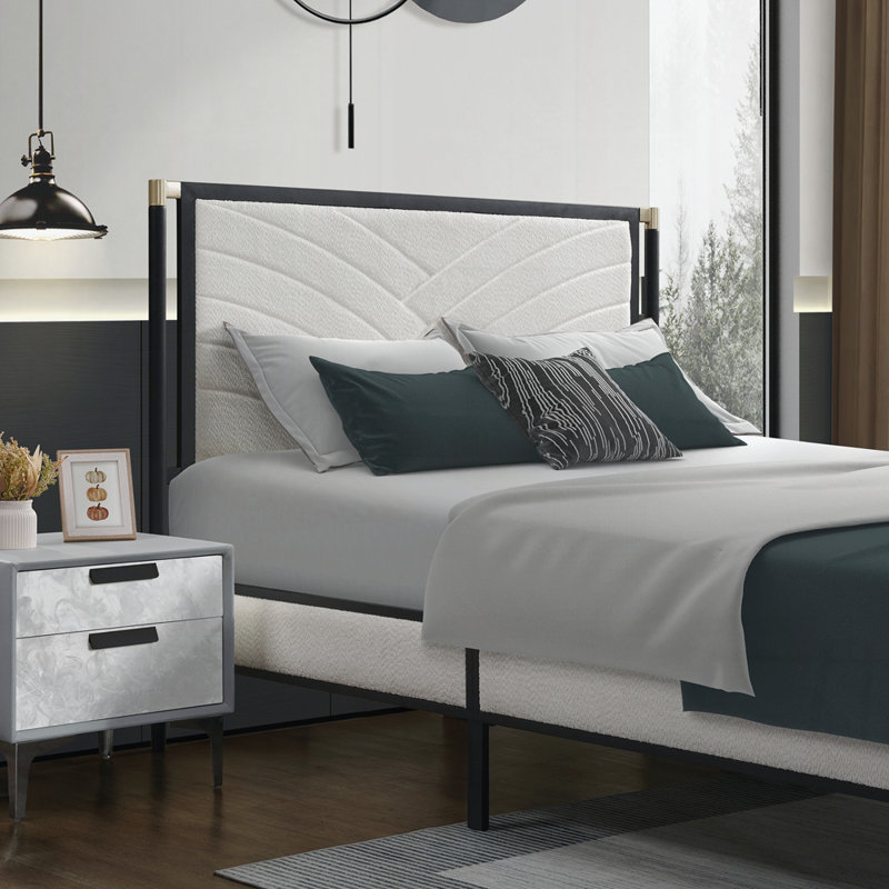 Platform Bed with Boucle fabric Headboard, Queen