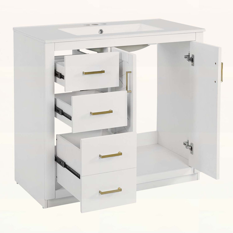 36'' Bathroom Vanity with Ceramic Sink,Wood Frame,Freestanding Storage Cabinet with 3 Drawers and Soft-Closing Doors, White