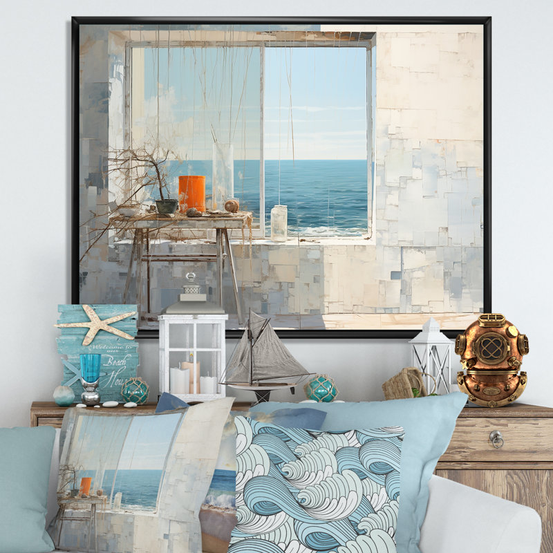 Fenêtres de plage Horizon - salon d'art mural plage et océan, H 34 po x l 44 po x P 1,5 po, Cadre flottant noir