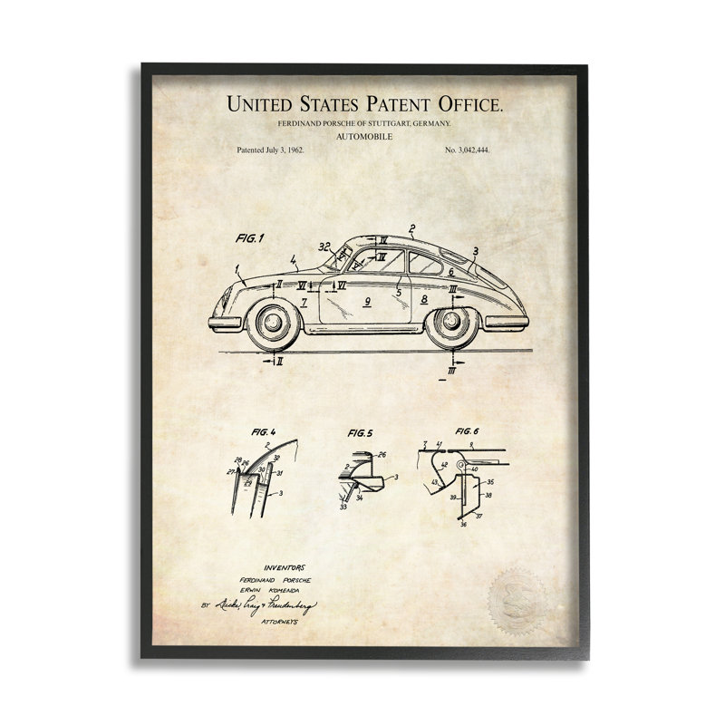 Schéma d'une automobile rétro, L 16 po x H 16 po, Giclée encadrée noir minuit