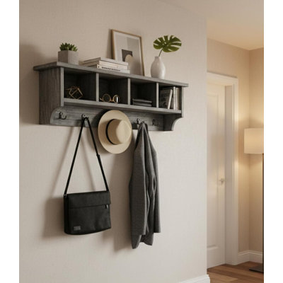 Pomona 48” Wall-Mounted Coat Rack with Hooks & Storage Cubbies, Slate Gray