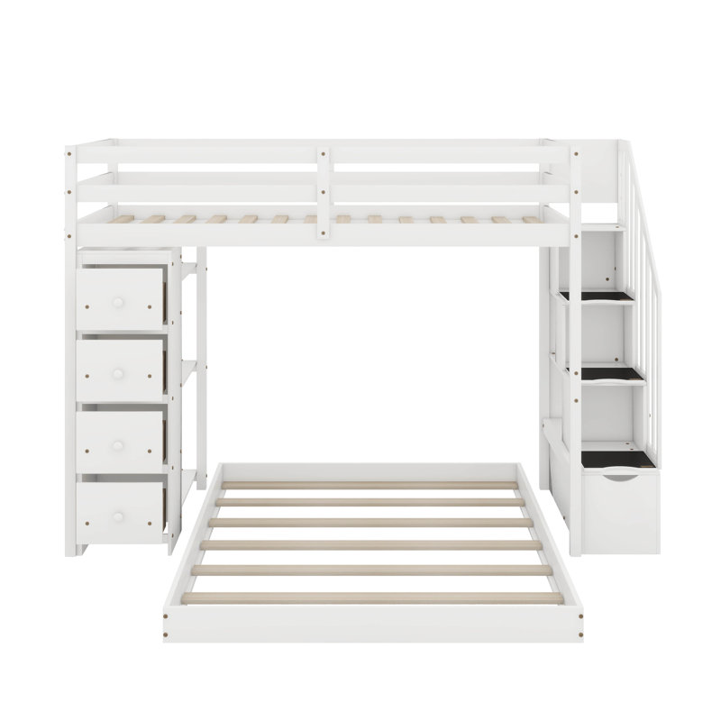 Jakoby Twin Over Full Bunk Bed with 3-layer Shelves, Drawers and Storage Stairs, White