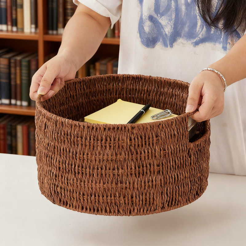 Paniers de rangement en corde de papier tissés à la main, paniers de rangement ronds tissés avec poignées, paniers empilables pour l'organisation à la maison, paquet de 3