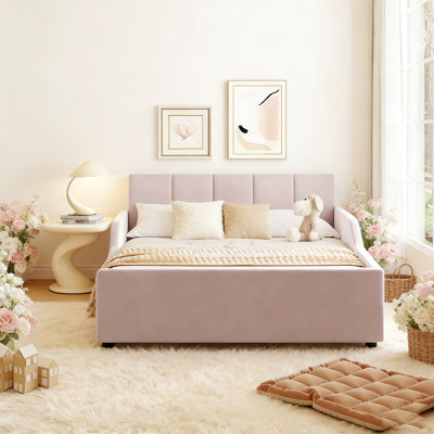 Lit double tapissier pleine grandeur avec rangement, velours, rose