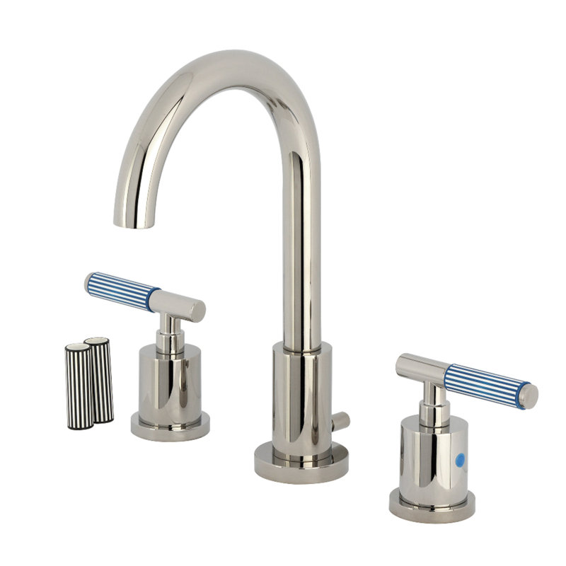 Kingston Brass Synchronous Two-Handle 3-Hole Deck Mount Widespread Bathroom Faucet with Brass Pop-Up Drain, Polished Nickel