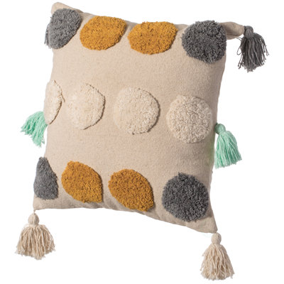 16" Handwoven Cotton Throw Pillow Cover with Tufted Dot Pattern and Side Tassels with Filler and Cushion, Multicolor