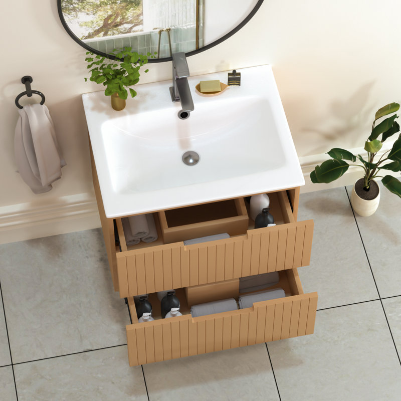 24" Wall Mounted Single Bathroom Vanity with Ceramic Sink Floating Bathroom Vanity, Brown, 24"