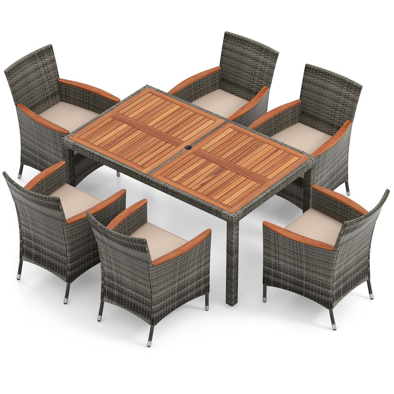 Allye Acacia Patio Dining Set with Rectangular Table , Cushions Included, 6, 29" H x 59" L x 36" W