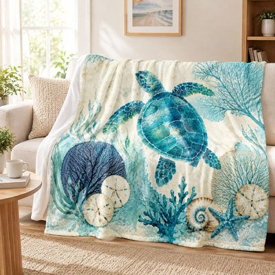 1Pcs Sea Turtle Print Flannel Blanket – Single-Sided;Artistic DesignOcean Theme DecorationCozy and WarmMachine WashableIdeal for Living Room Bedroom RelaxationAvailable in Multiple SizesPerfect Beach Lovers. Bedding sof