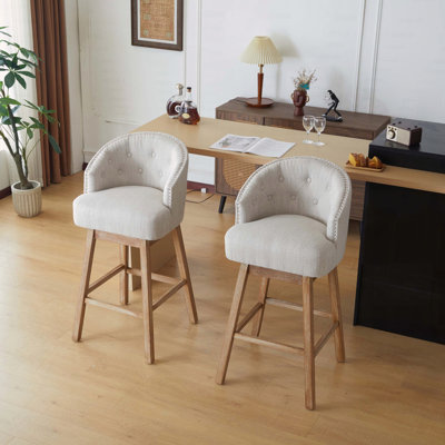 Tabourets de comptoir pivotants avec capitonnage à boutons et structure en bois d'hévéa massif, ensemble de 2
