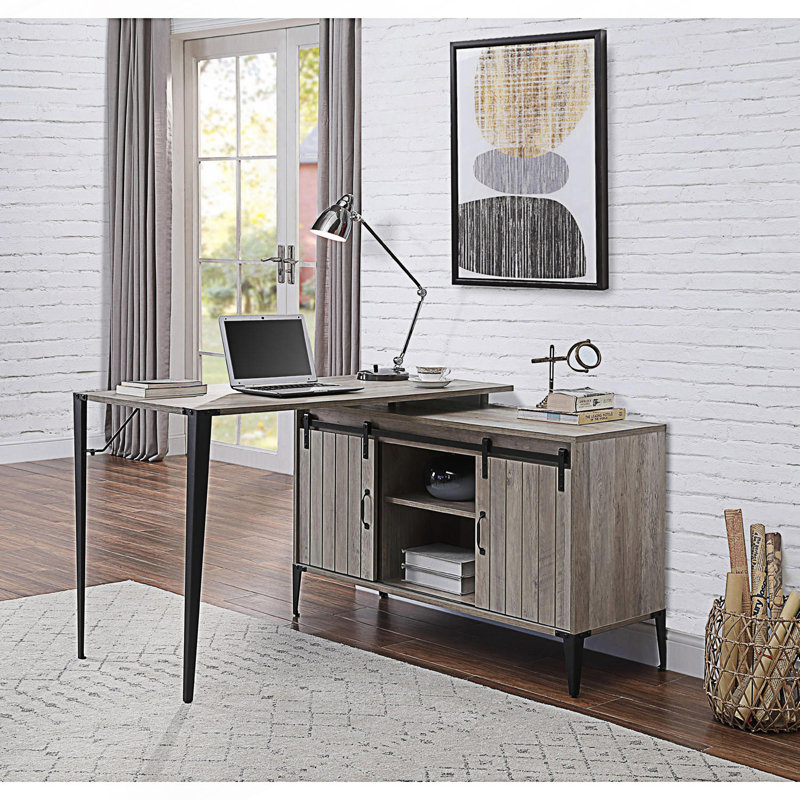 L-Shape Writing Desk With Side Cabinet, Gray/Black