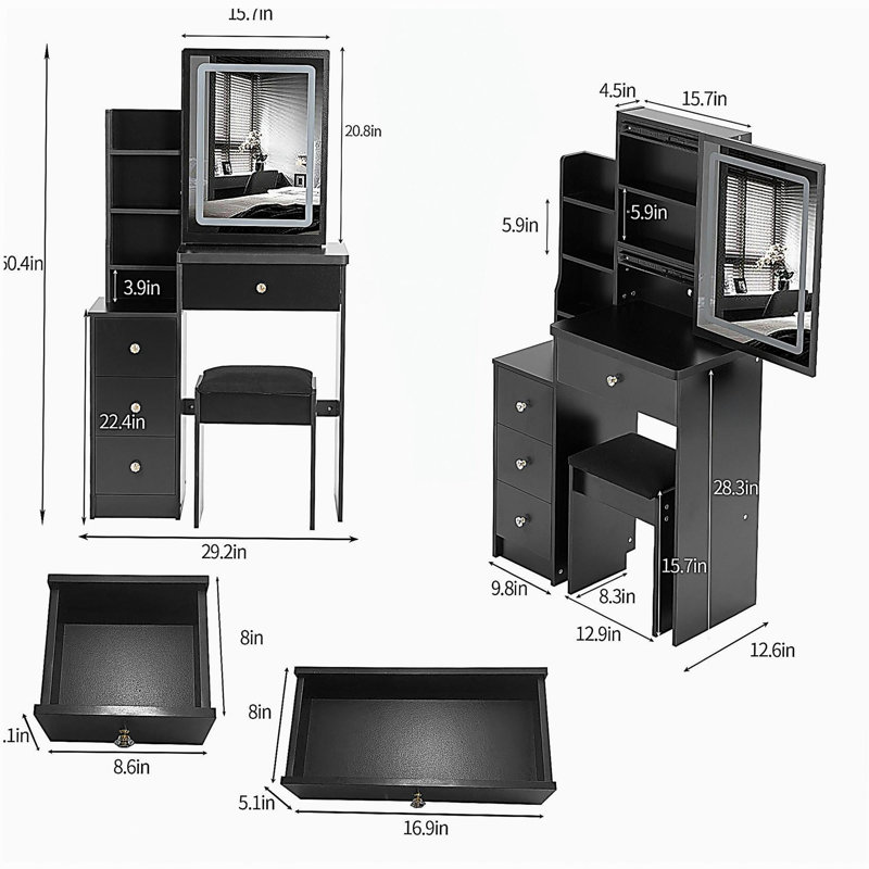 Petite coiffeuse 29,2 po avec tabouret de chevet gauche + tabouret rembourré, 2 blocs d'alimentation CA + 2 ports USB, support pour séchoir à cheveux, très grand miroir à DEL coulissant à commande tactile, changement de luminosité tricolore, réglage de la luminosité