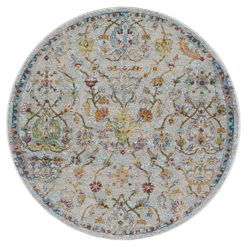 Gleaves Blue/Gray/Green Floral Traditional Indoor Performance Area Rug, Round 5'3"
