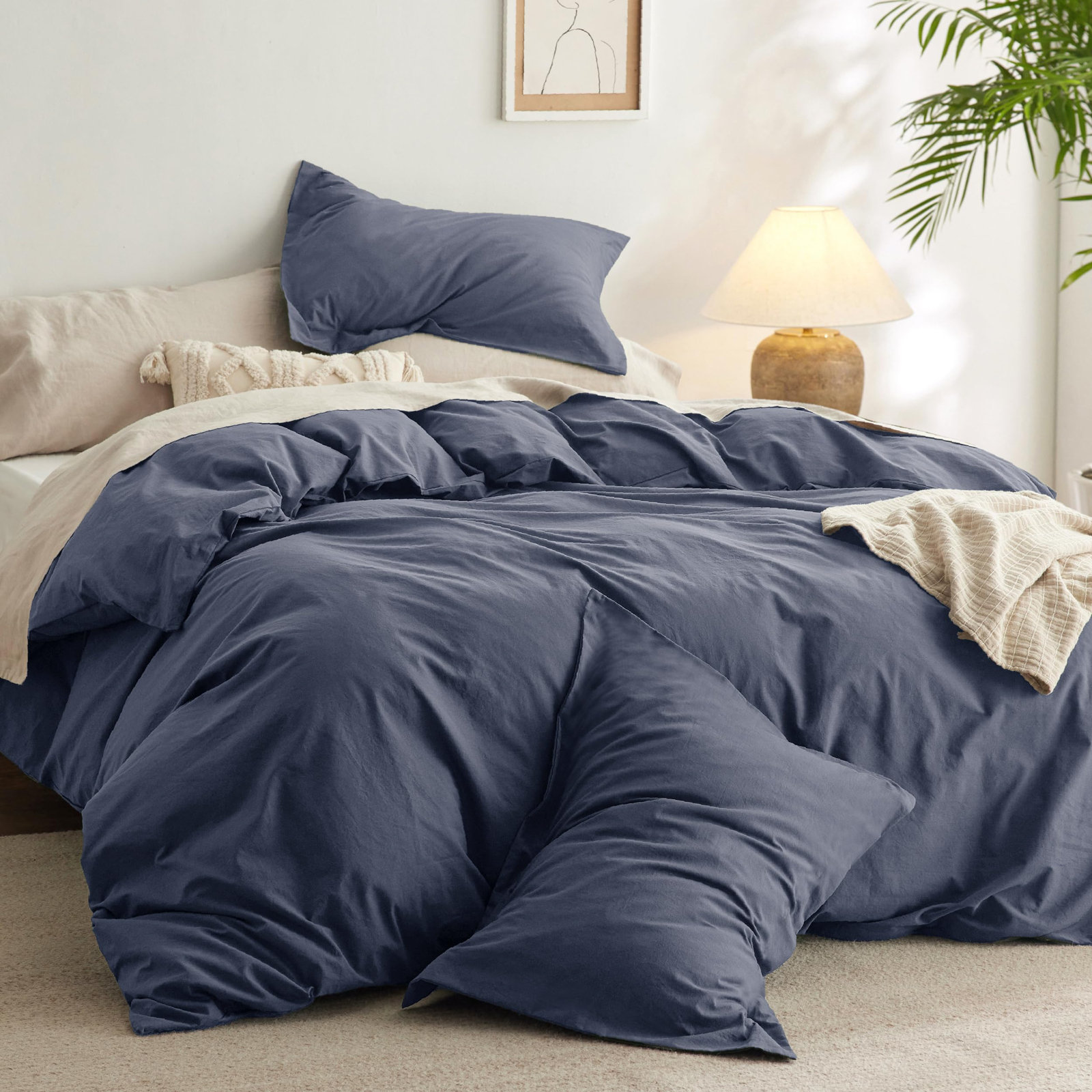 Pre-Washed Cotton Comforter Set, Queen Comforter + 2 Additional Pieces, Denim Blue