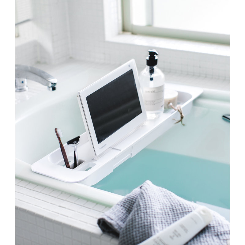 White Expandable Metal Bathtub Caddy with Storage