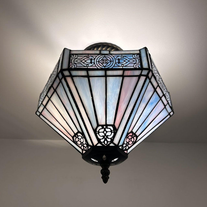 Plafonnier Tiffany avec ampoules hexagonales à DEL en vitrail incluses l 12 po x P 12 po x H 12 po, Bleu / rose