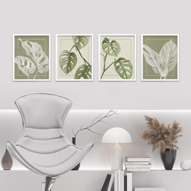 «Tropical Monstera», feuille verte sauge, impression 4 pièces, H 14 po x l 11 po x P 1 po, Cadre blanc