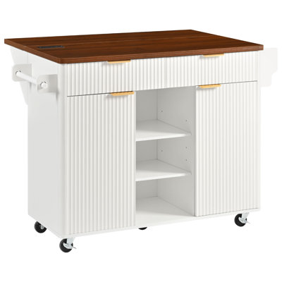 52" Fluted Kitchen Island with Drop Leaf & Power Outlet, Rolling Kitchen Cart with Walnut Top, Adjustable Shelves & Internal Door Racks, Modern Storage Cabinet with 2 Drawers for Kitchen