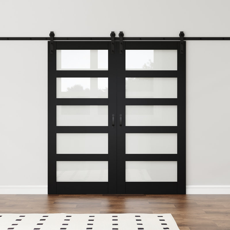 Porte de grange coulissante double en verre et bois 80 po H 5-Lite avec ensemble de quincaillerie d'installation (pas d'assemblage requis)