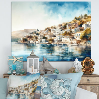 Blue Mediterranean Seaside Charm Framed On Canvas Print