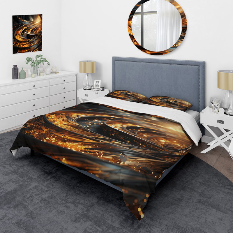 Bright Gold Black Spiral I - Abstract Spirals Duvet Cover Set, Twin Duvet Cover + 1 Standard Sham