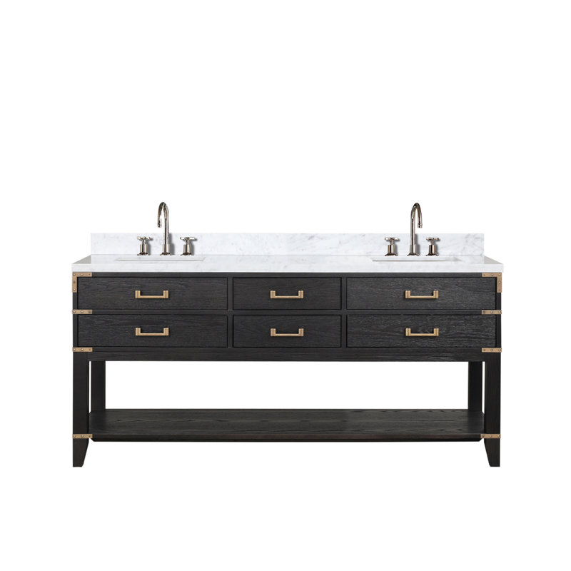 Meuble-lavabo double en chêne noir 72 po X P 22 po D, dessus en marbre de Carrare et ensemble de robinet, Marbre de Carrare