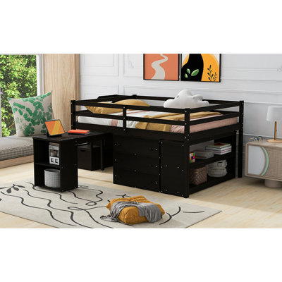 Lit mezzanine avec 3 tiroirs et bureau rétractable pratique, tiroirs en bois massif de couleur