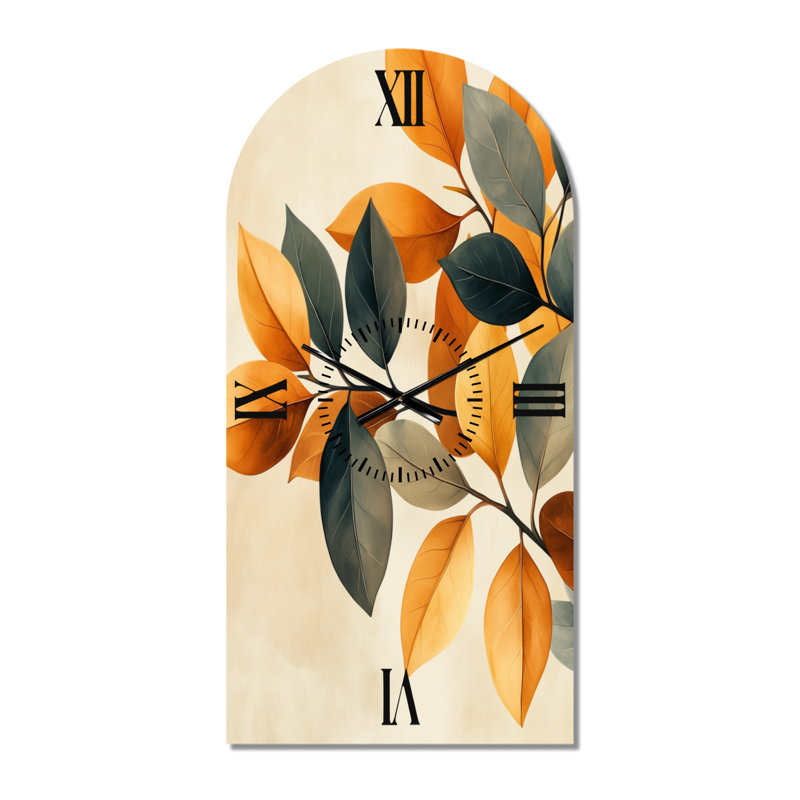 Horloge murale Japandi grand format en métal arqué, motif de feuilles botaniques aux tons terreux I
