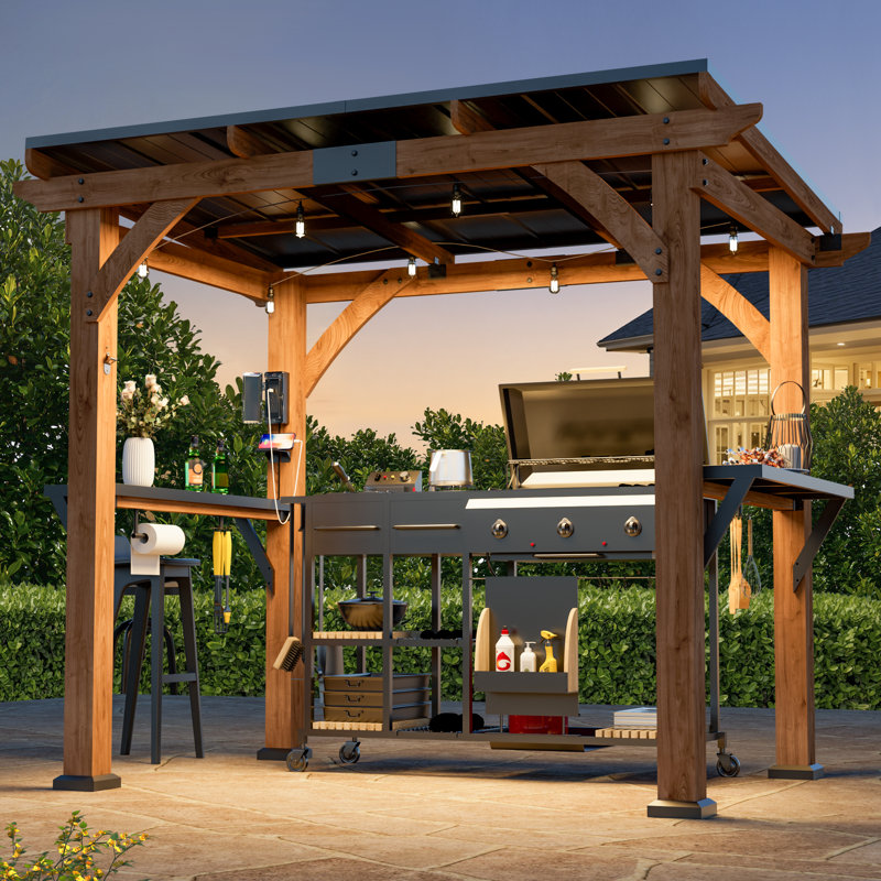 Fusion 6' x 8' Cedar Wood Hardtop Grill Gazebo With Charging Socket, Rotatable Hooks and Paper Towel Holder