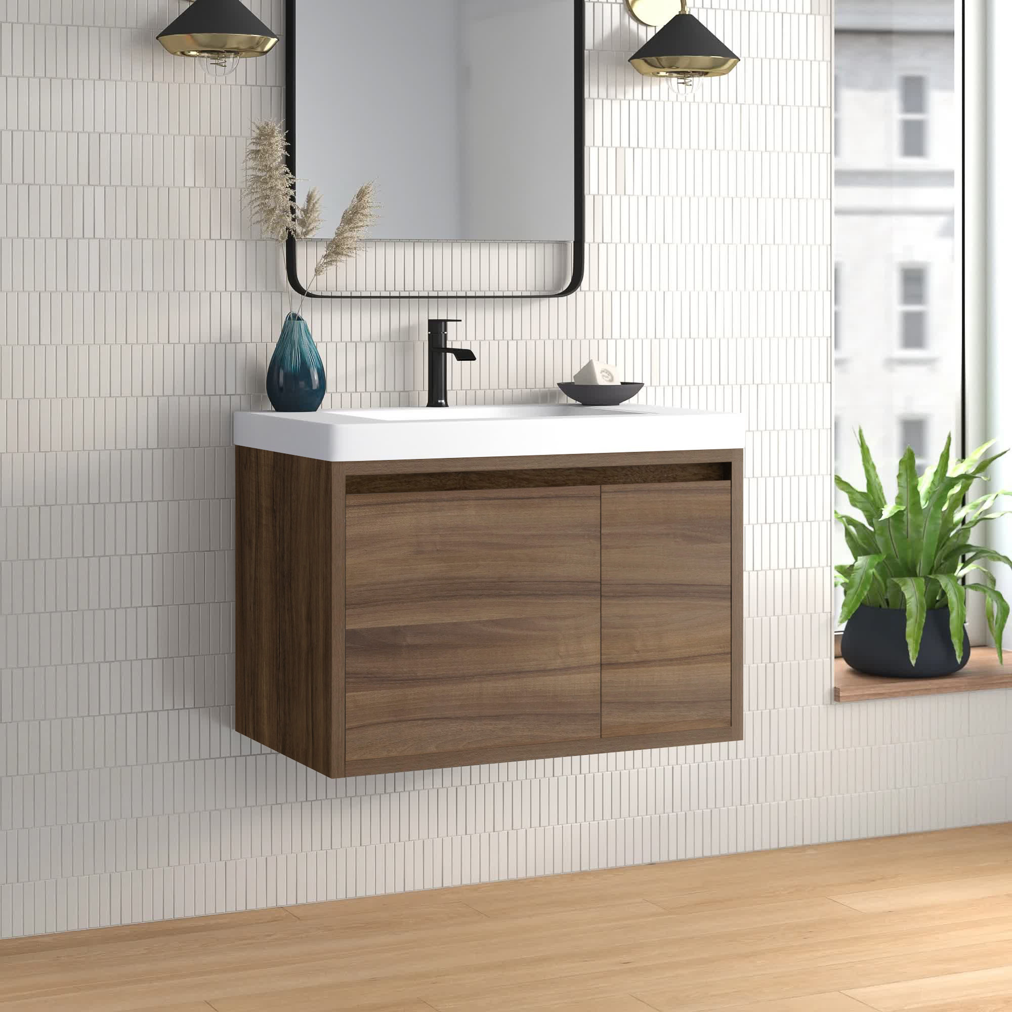 20 White Floating Small Corner Bathroom Vanity with Ceramics Single Vessel  Sink