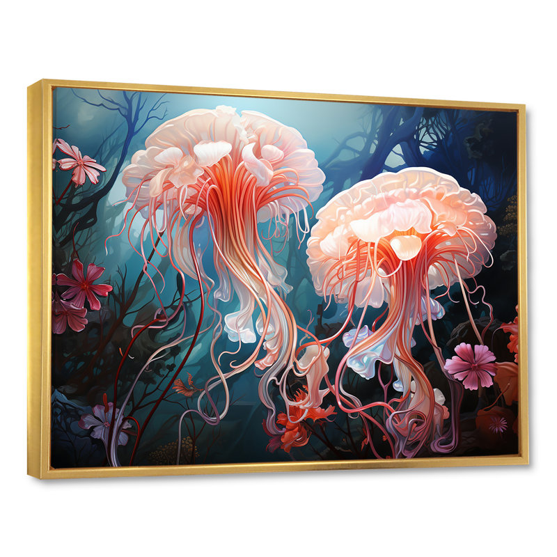 «Blue and Pink Jellyfish Dance» sur toile, H 34 po x l 44 po x P 1,5 po, Cadre flottant doré