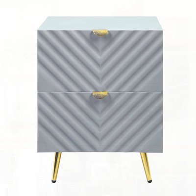 Table de chevet grise à finition ultrabrillante avec un design de chambre moderne et épuré