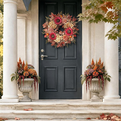 Couronne de pivoine d'automne pour porte d'entrée avec hortensias, baies et feuilles d'automne, couronne de récolte florale réaliste pour porche de ferme, mur, fenêtre et décoration saisonnière