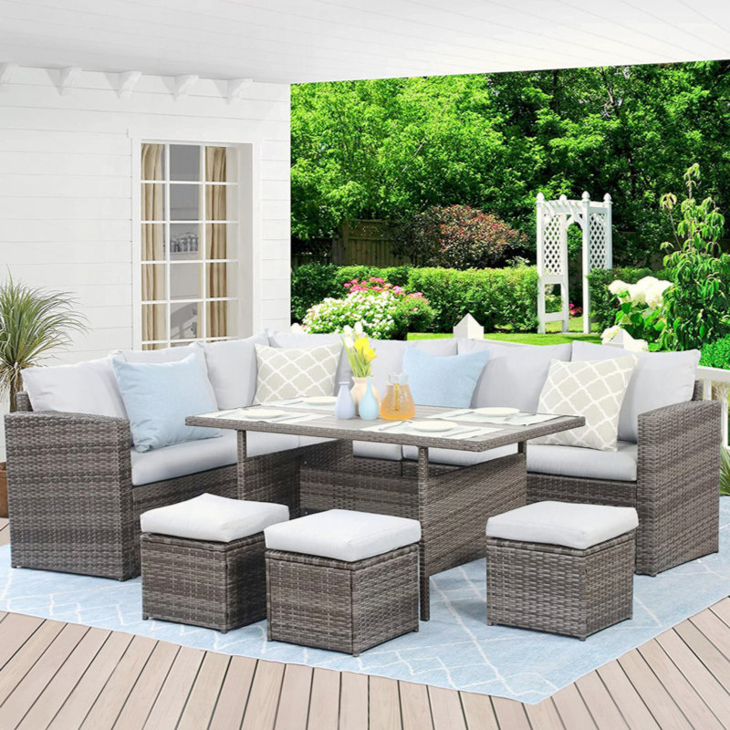 Ensemble de canapé modulaire en rotin 7 pièces PE, Blanc, Gris