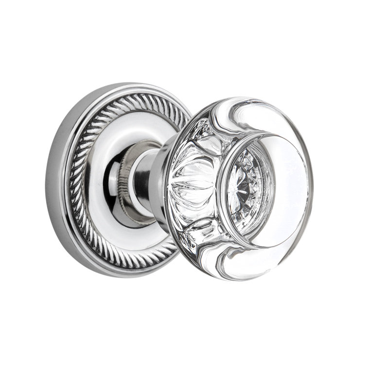 Rope Rosette with Round Clear Crystal Door Knob, Antique Pewter